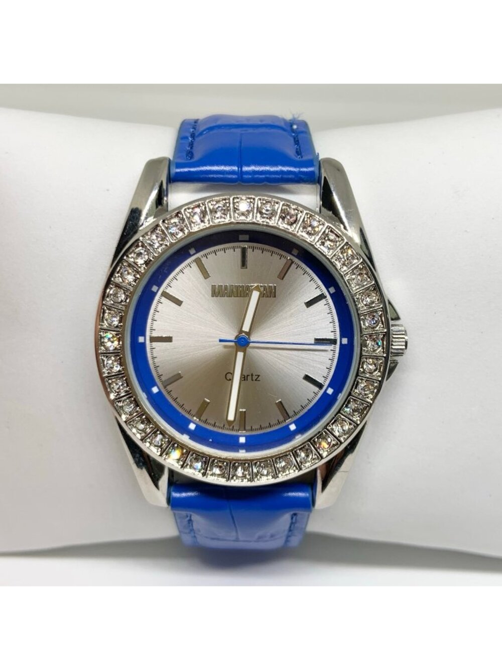 Manhattan by croton women watch 40mm SilverTone rhinestones blue leather running